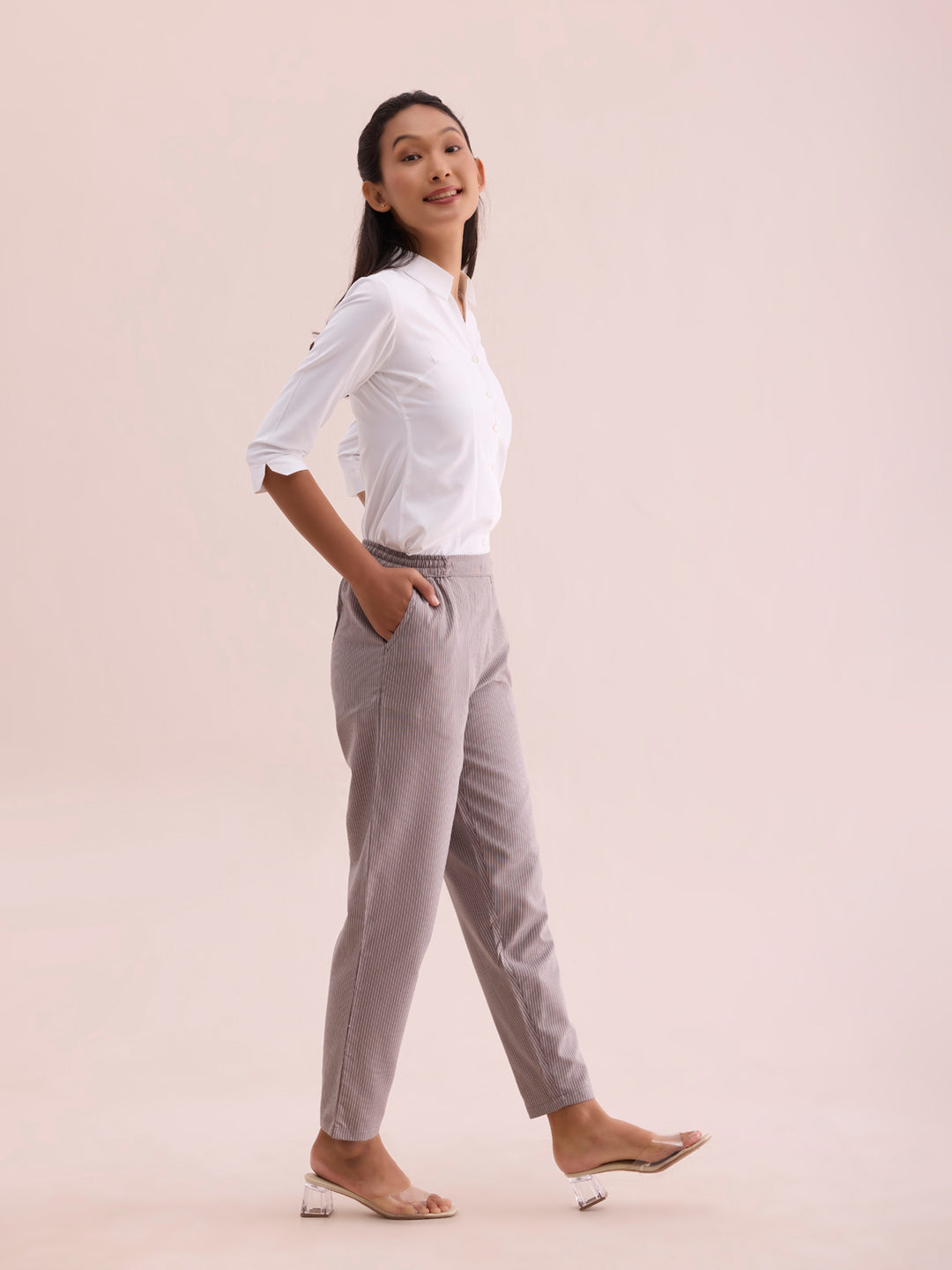 Grey Cotton Stripe Pencil Pants