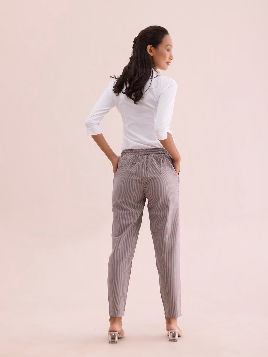 Grey Cotton Stripe Pencil Pants