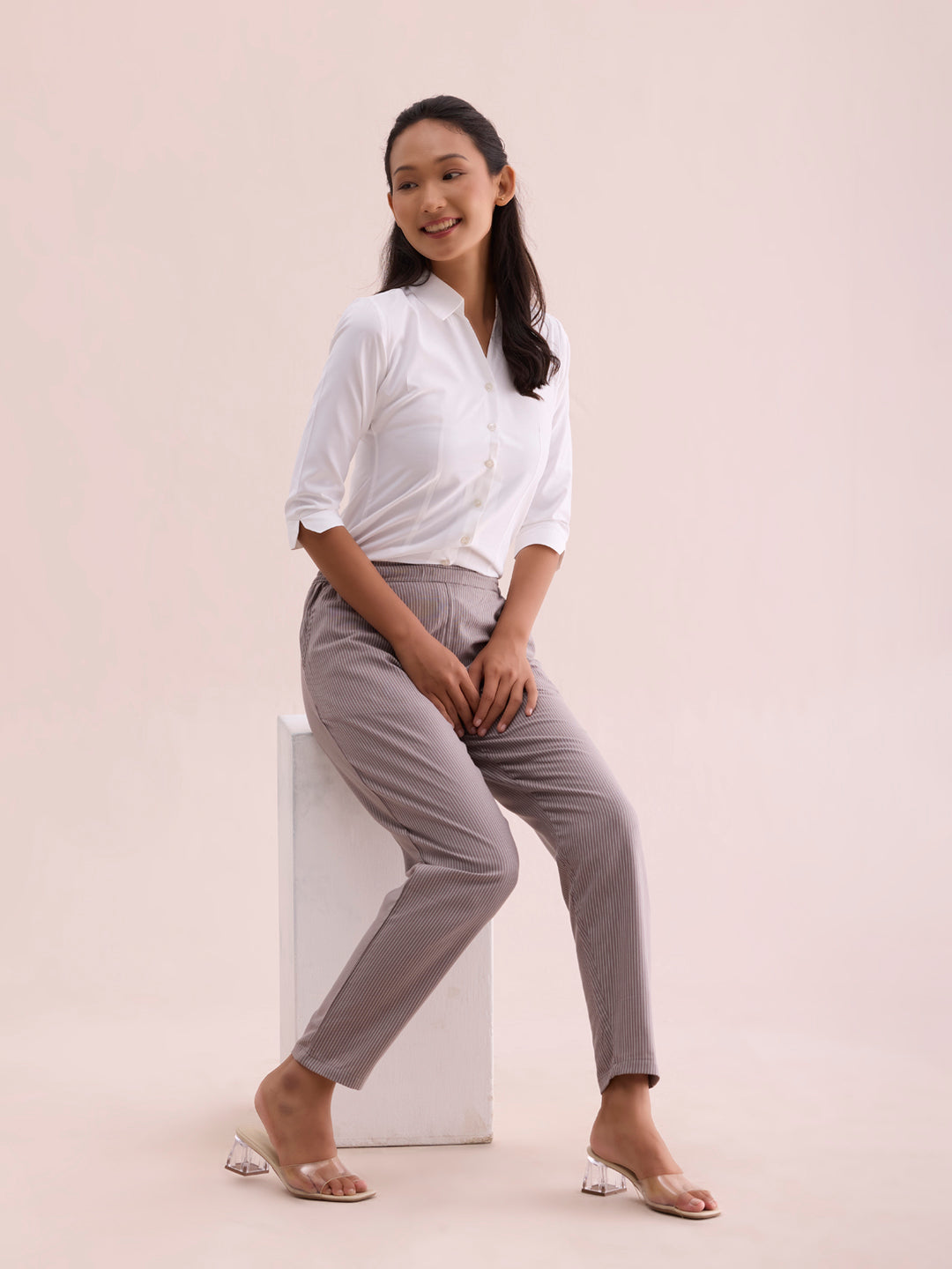 Grey Cotton Stripe Pencil Pants