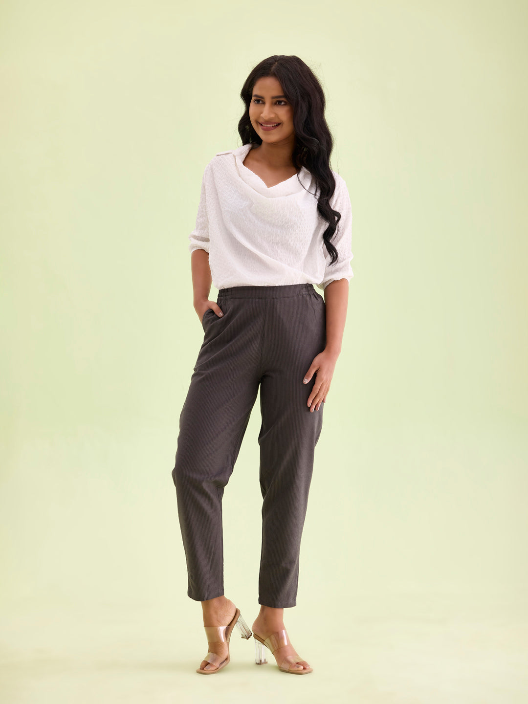 Grey Cotton Stripe Pencil Pants