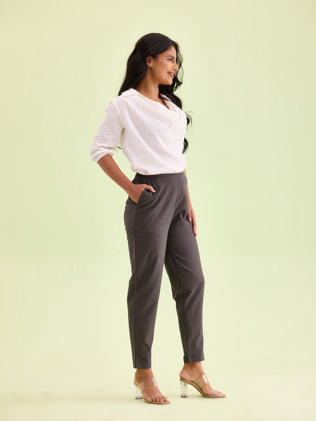 Grey Cotton Stripe Pencil Pants