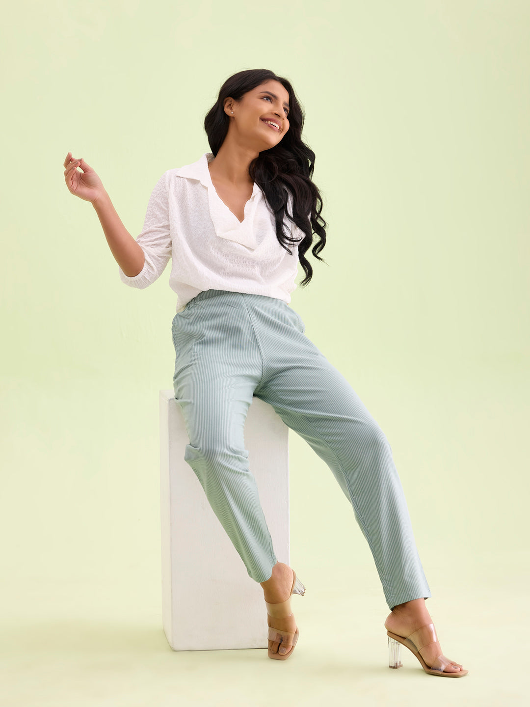 Light Green Cotton Stripe Pencil Pants