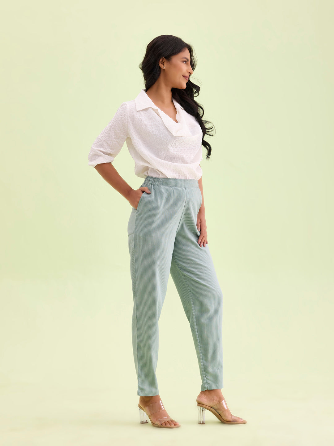 Light Green Cotton Stripe Pencil Pants