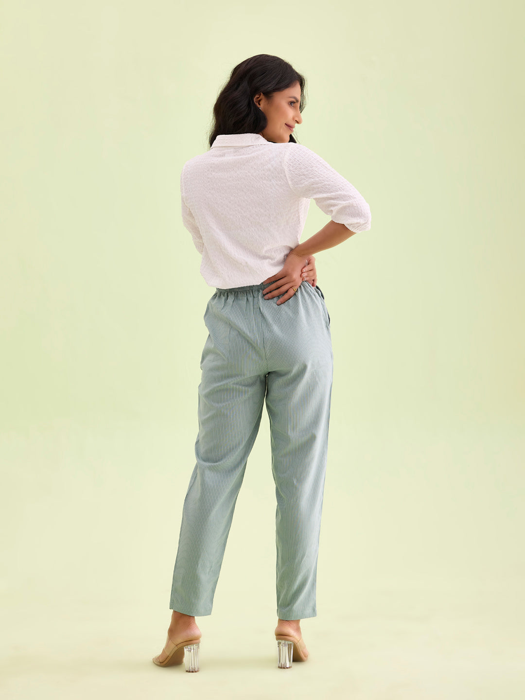 Light Green Cotton Stripe Pencil Pants