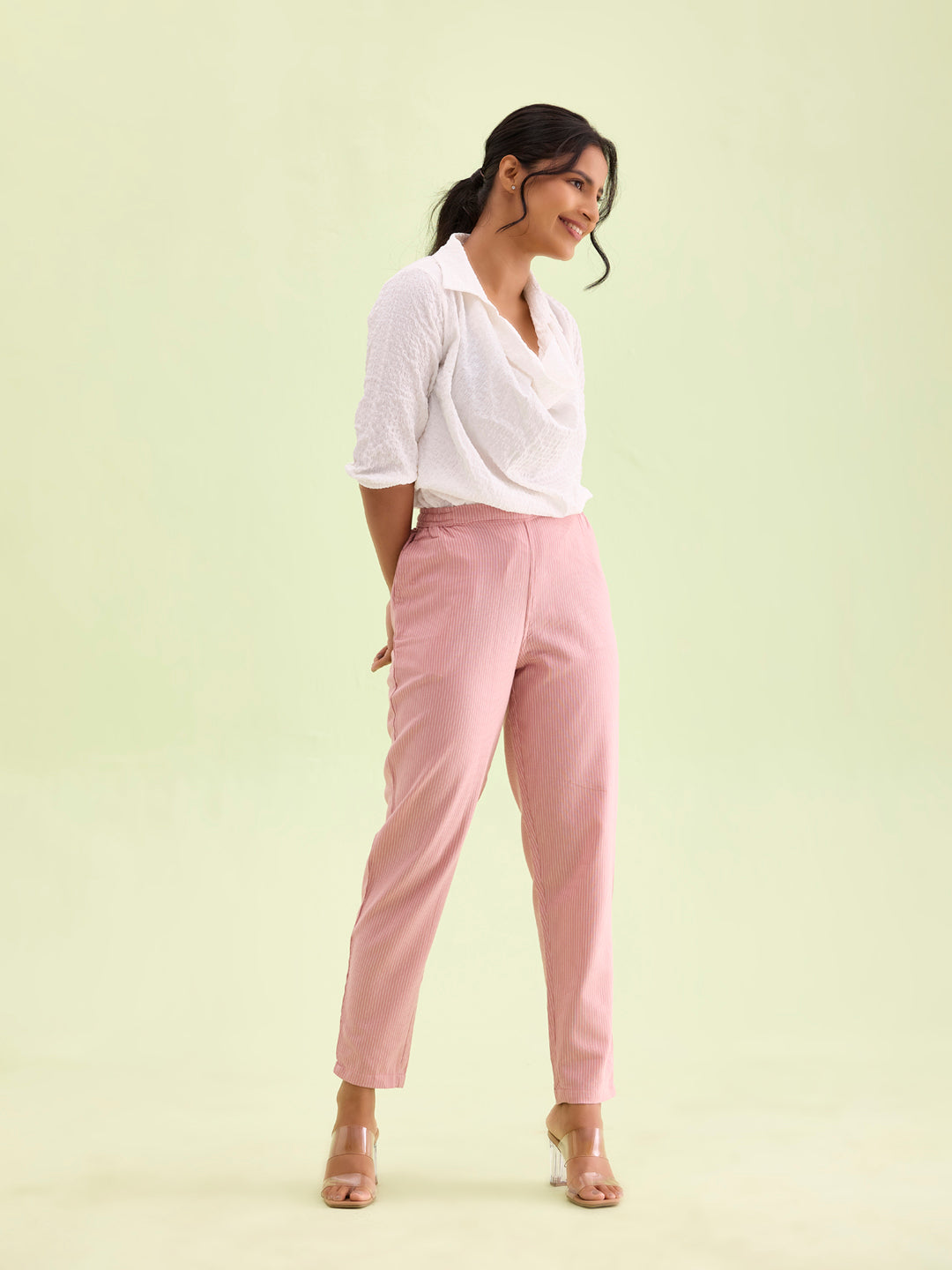 Light Pink Cotton Stripe Pencil Pants