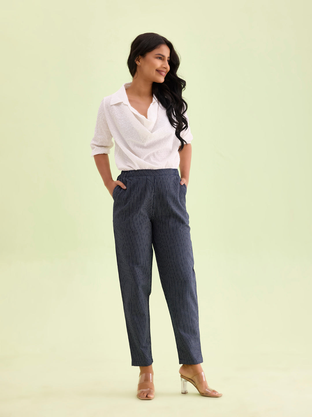 Navy Cotton Stripe Pencil Pants