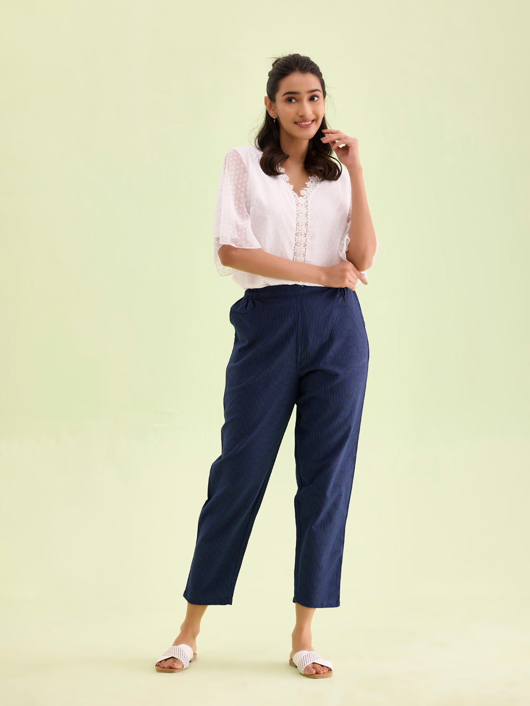 Navy Cotton Stripe Pencil Pants