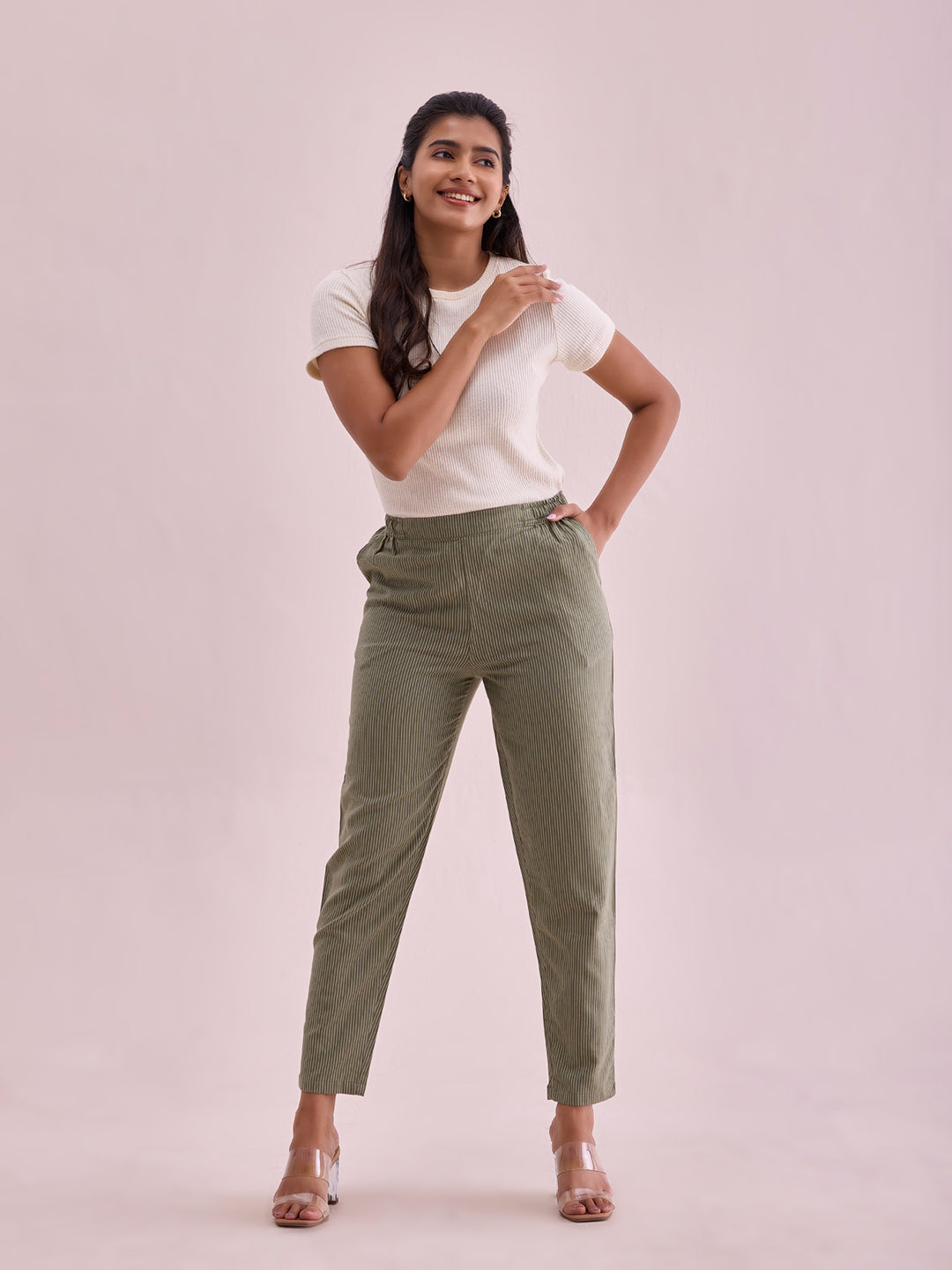 Olive Cotton Stripe Pencil Pants