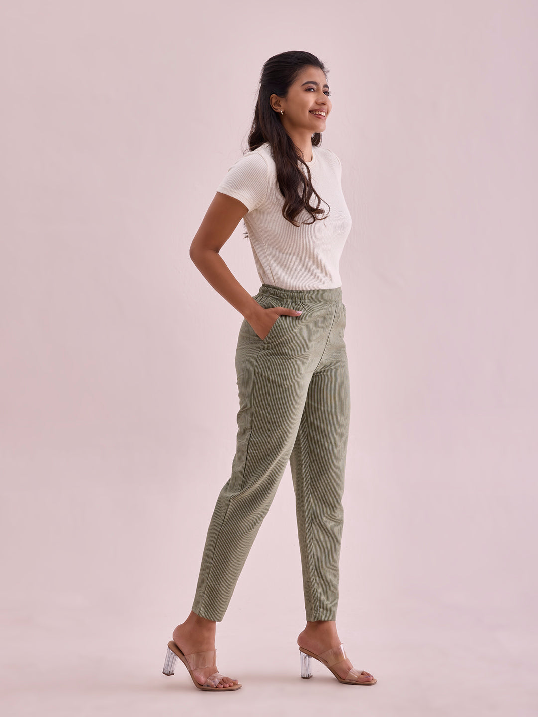 Olive Cotton Stripe Pencil Pants