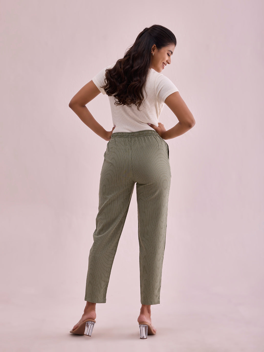 Olive Cotton Stripe Pencil Pants