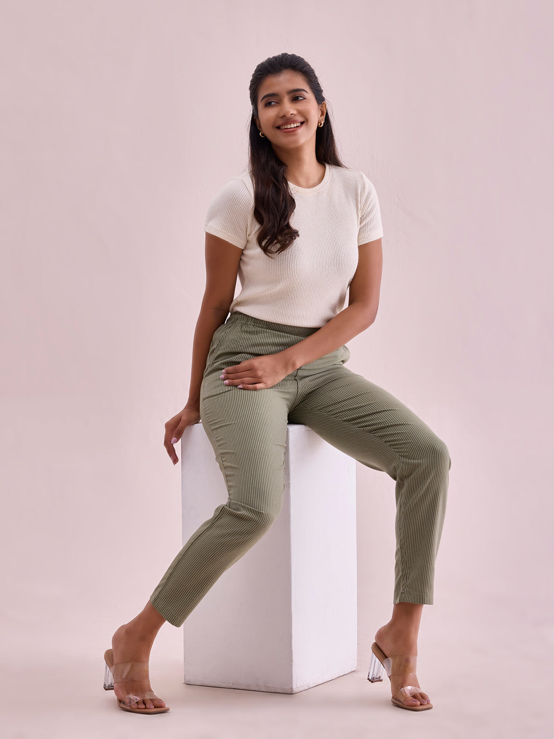 Olive Cotton Stripe Pencil Pants