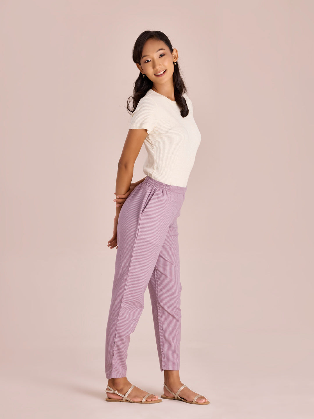 Purple Cotton Stripe Pencil Pants