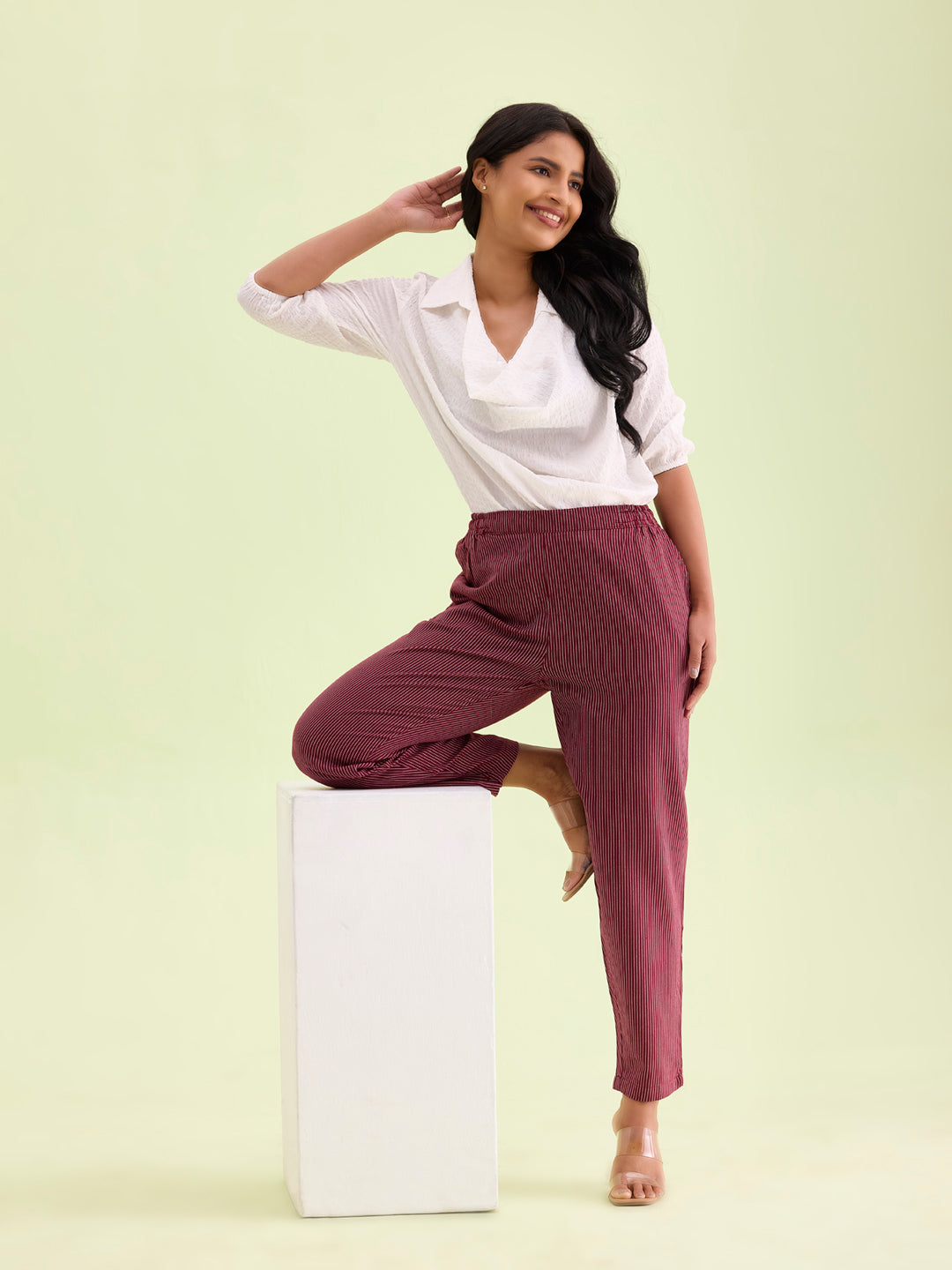 Maroon Cotton Stripe Pencil Pants