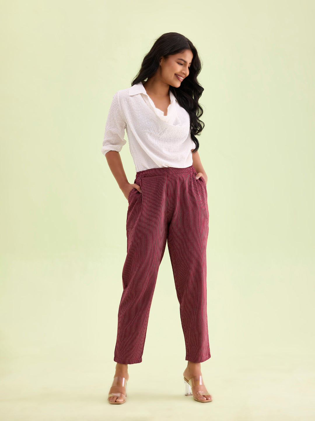 Maroon Cotton Stripe Pencil Pants