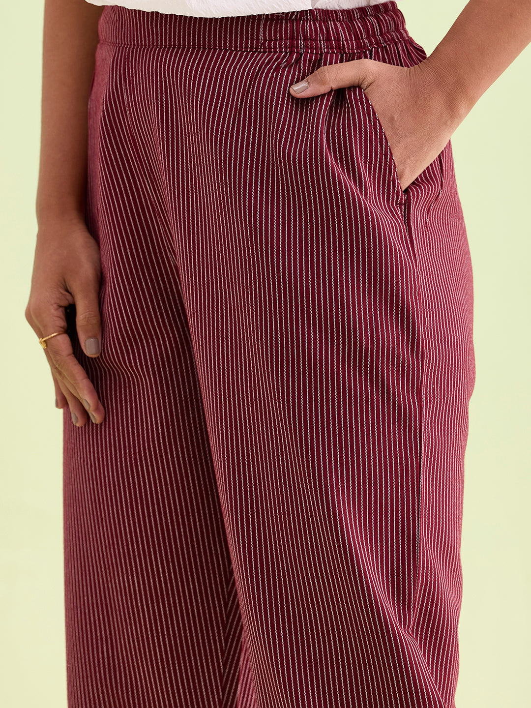 Maroon Cotton Stripe Pencil Pants