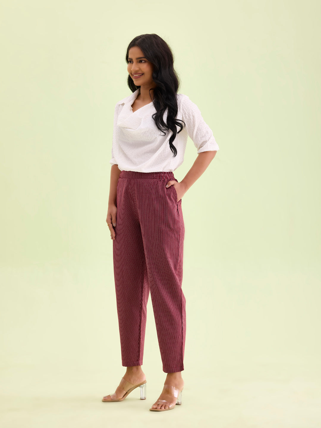 Maroon Cotton Stripe Pencil Pants