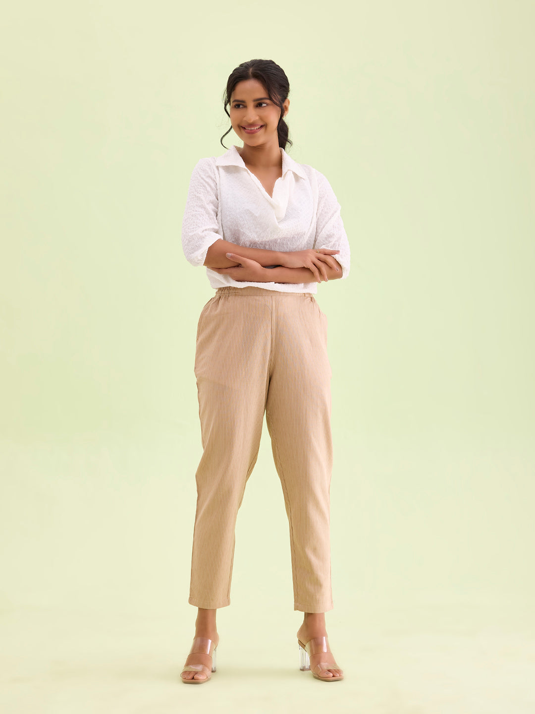 Beige Cotton Stripe Pencil Pants