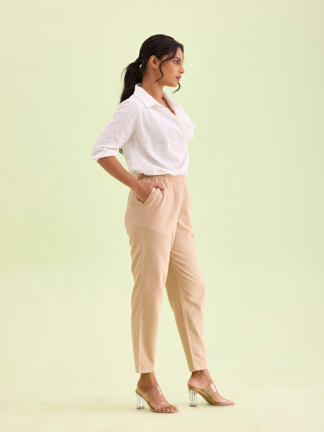 Beige Cotton Stripe Pencil Pants