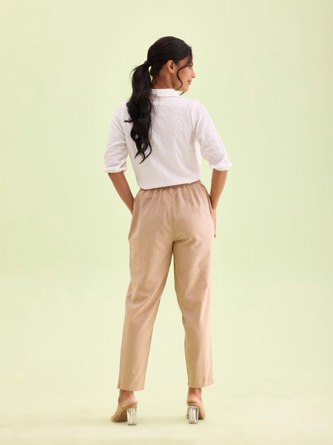 Beige Cotton Stripe Pencil Pants