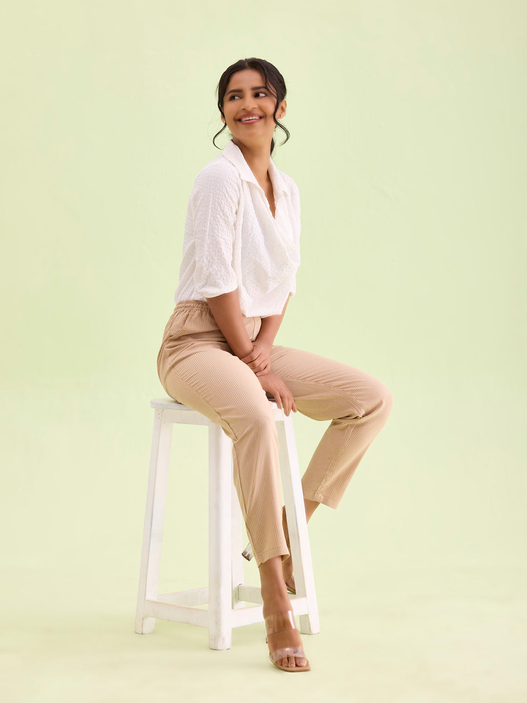 Beige Cotton Stripe Pencil Pants