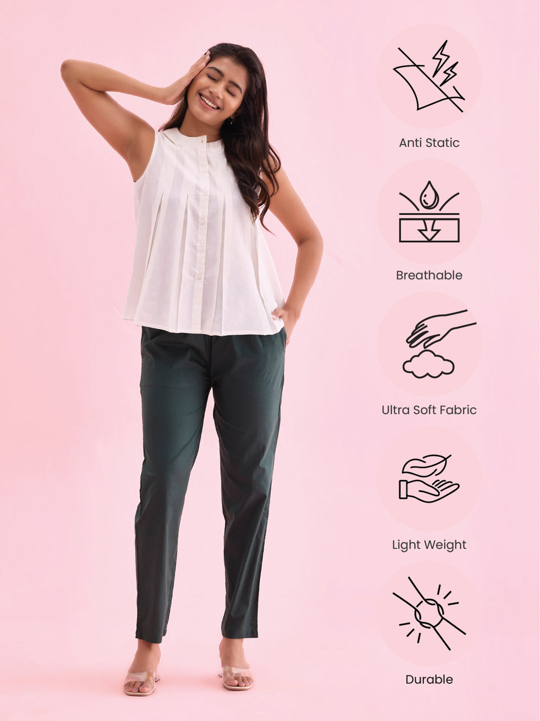 Dark Green Cotton Cambric Cotton Pants