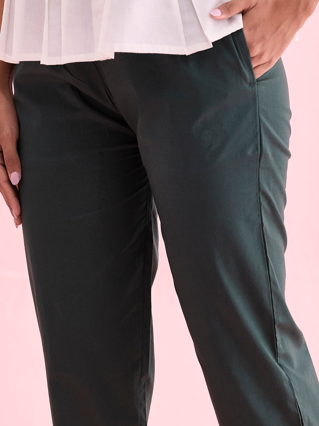 Dark Green Cotton Cambric Cotton Pants