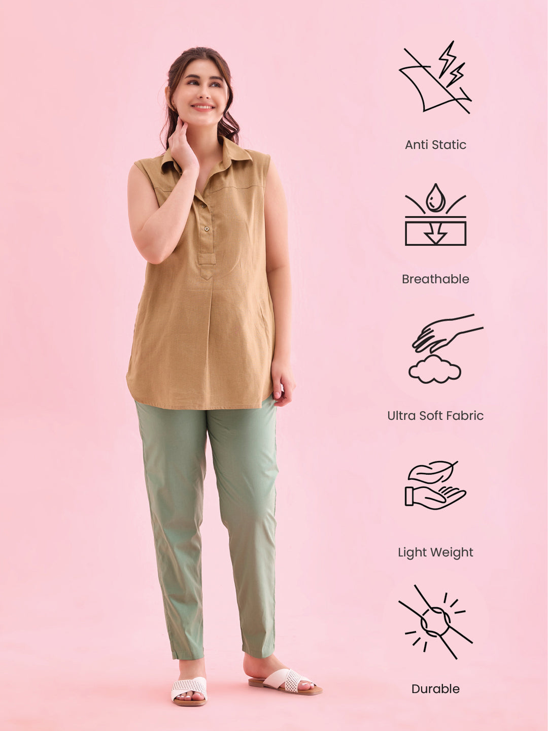 Dusty Green Cotton Cambric Cotton Pants