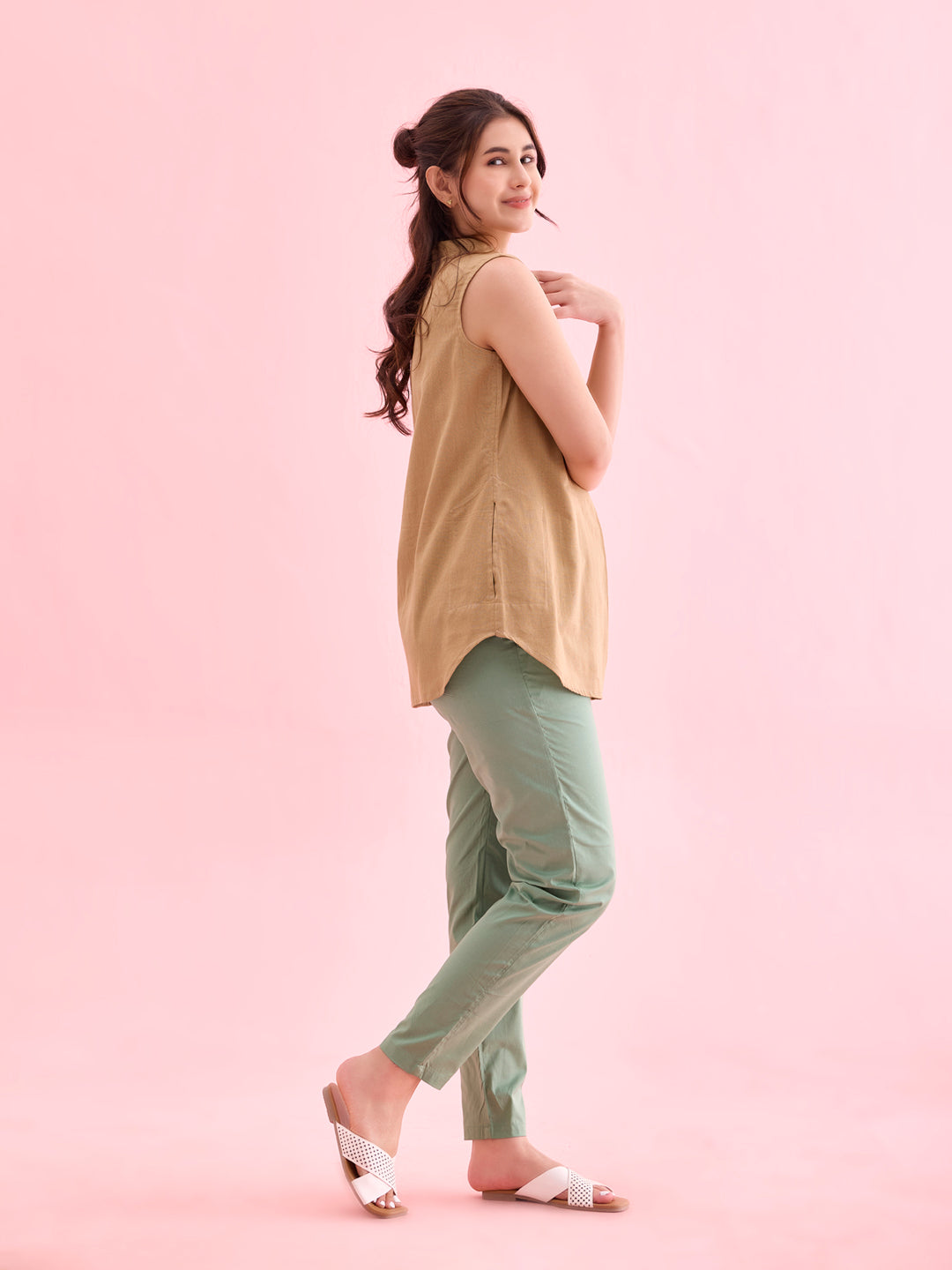 Dusty Green Cotton Cambric Cotton Pants