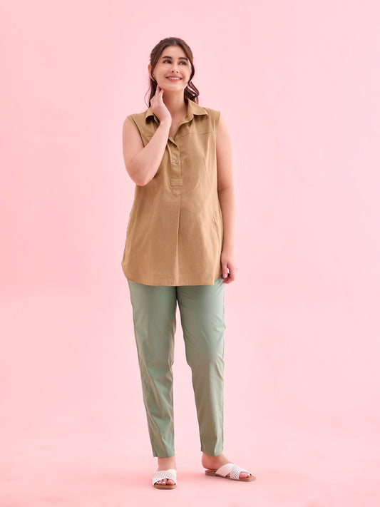 Dusty Green Cotton Cambric Cotton Pants