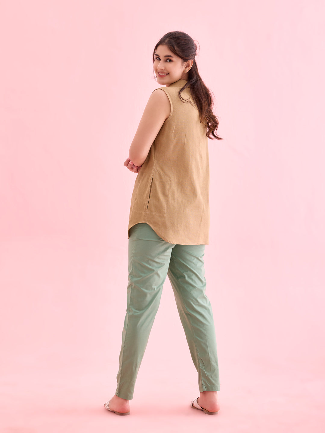 Dusty Green Cotton Cambric Cotton Pants