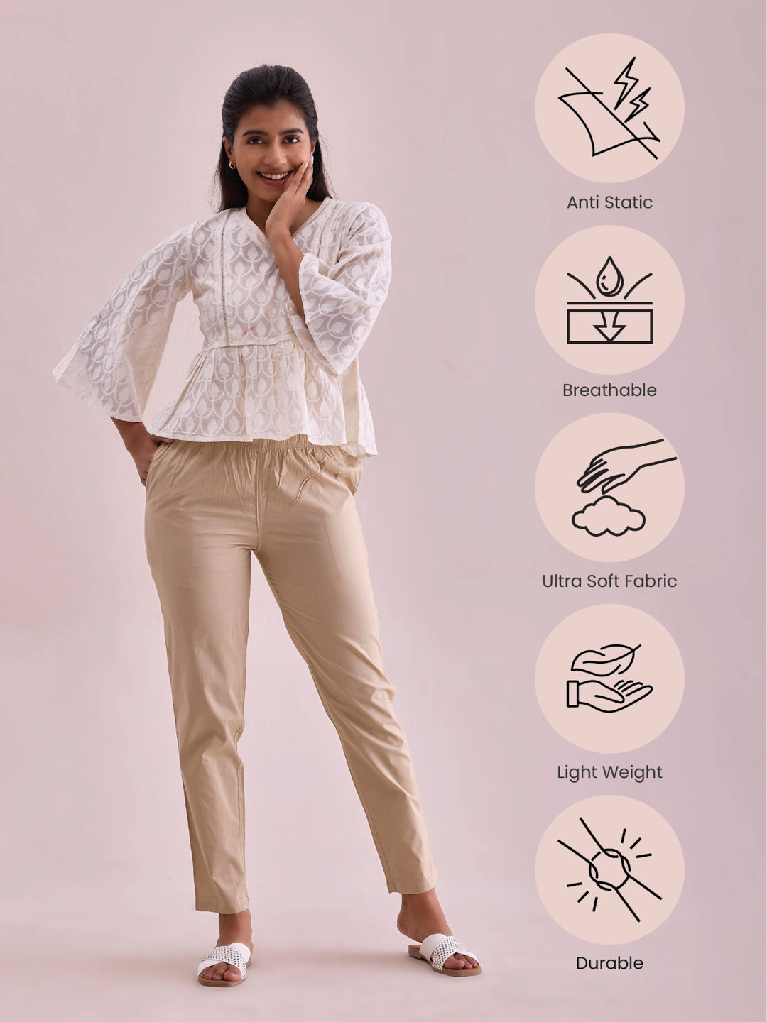 Light Beige Cotton Cambric Cotton Pants