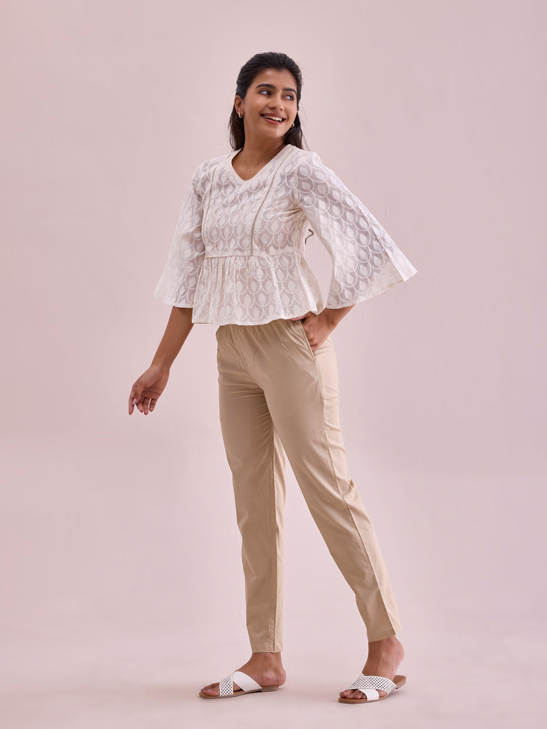 Light Beige Cotton Cambric Cotton Pants