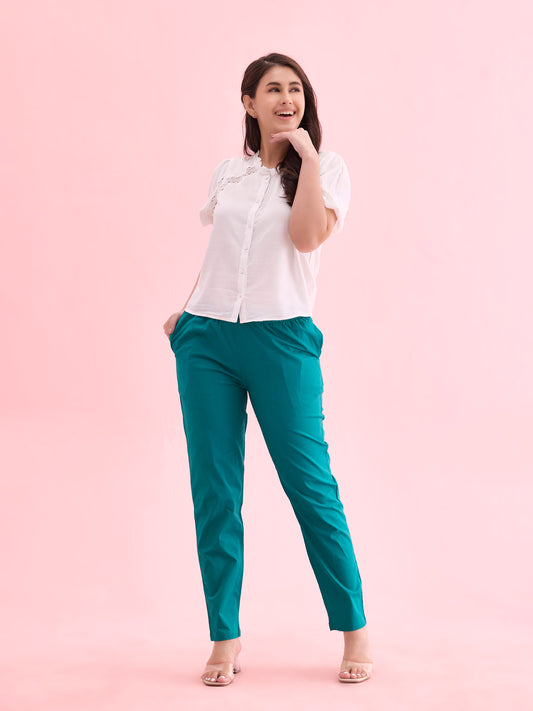 Peacock Green Cotton Cambric Cotton Pants