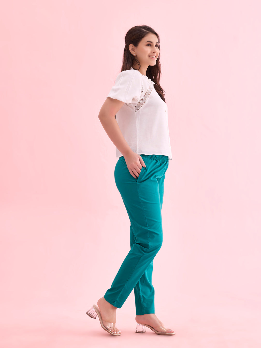 Peacock Green Cotton Cambric Cotton Pants