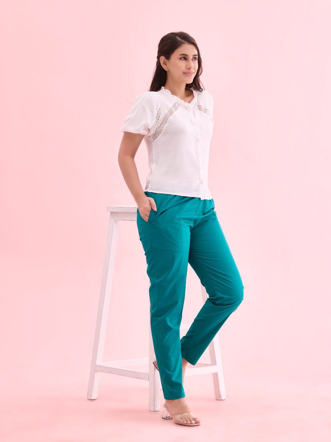 Peacock Green Cotton Cambric Cotton Pants