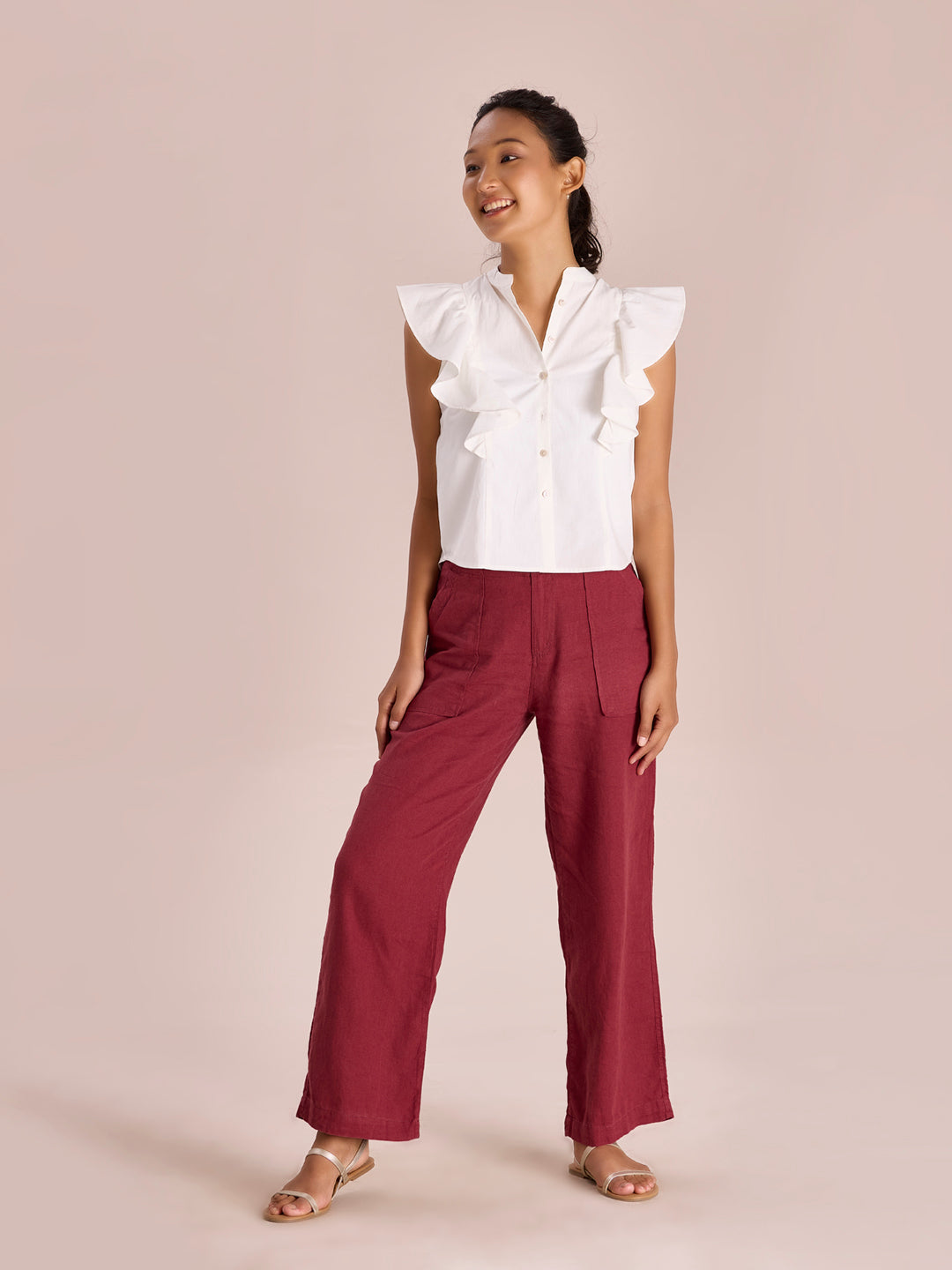 Bright Maroon Linen Cargo Pants