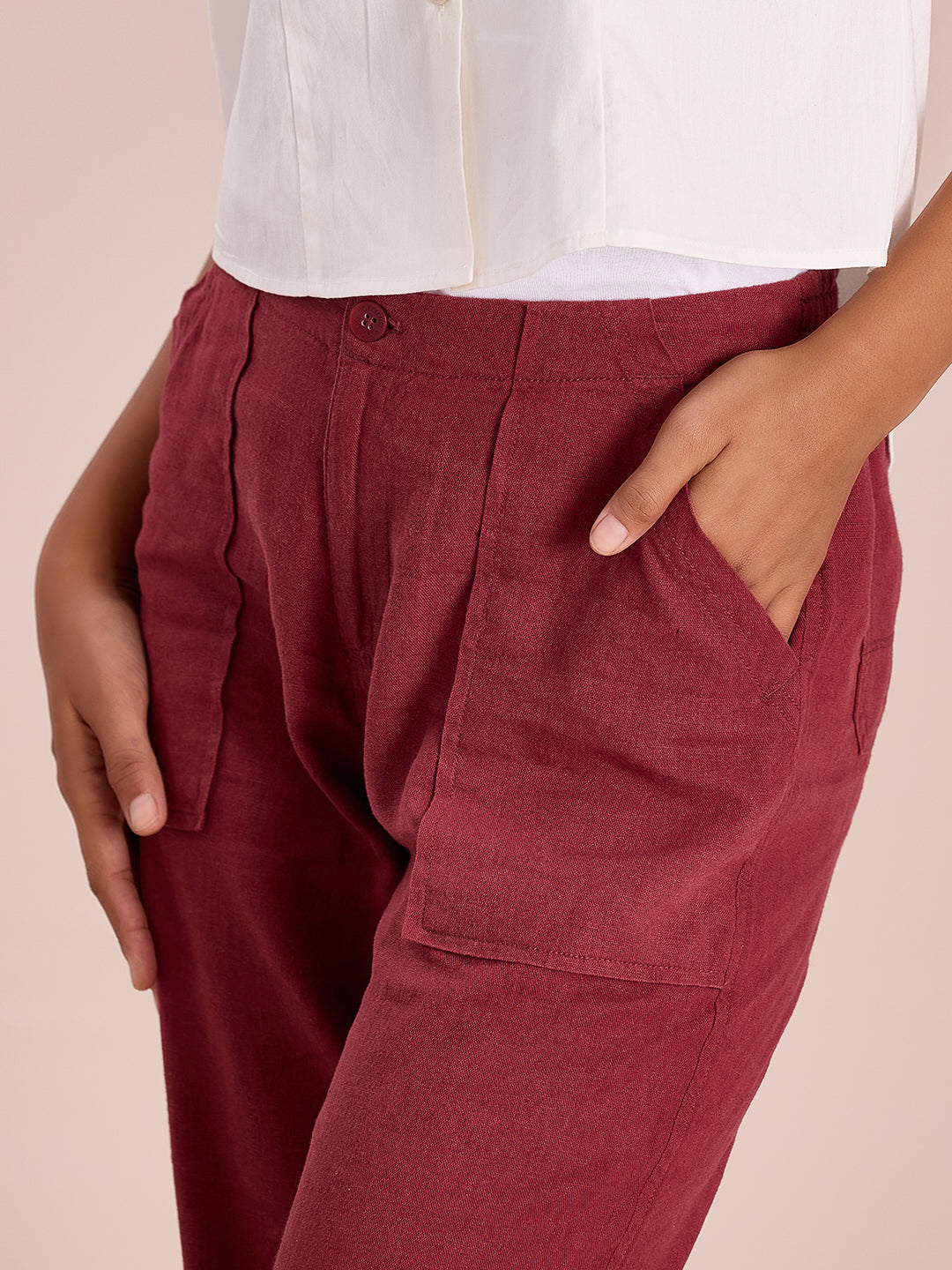 Bright Maroon Linen Cargo Pants