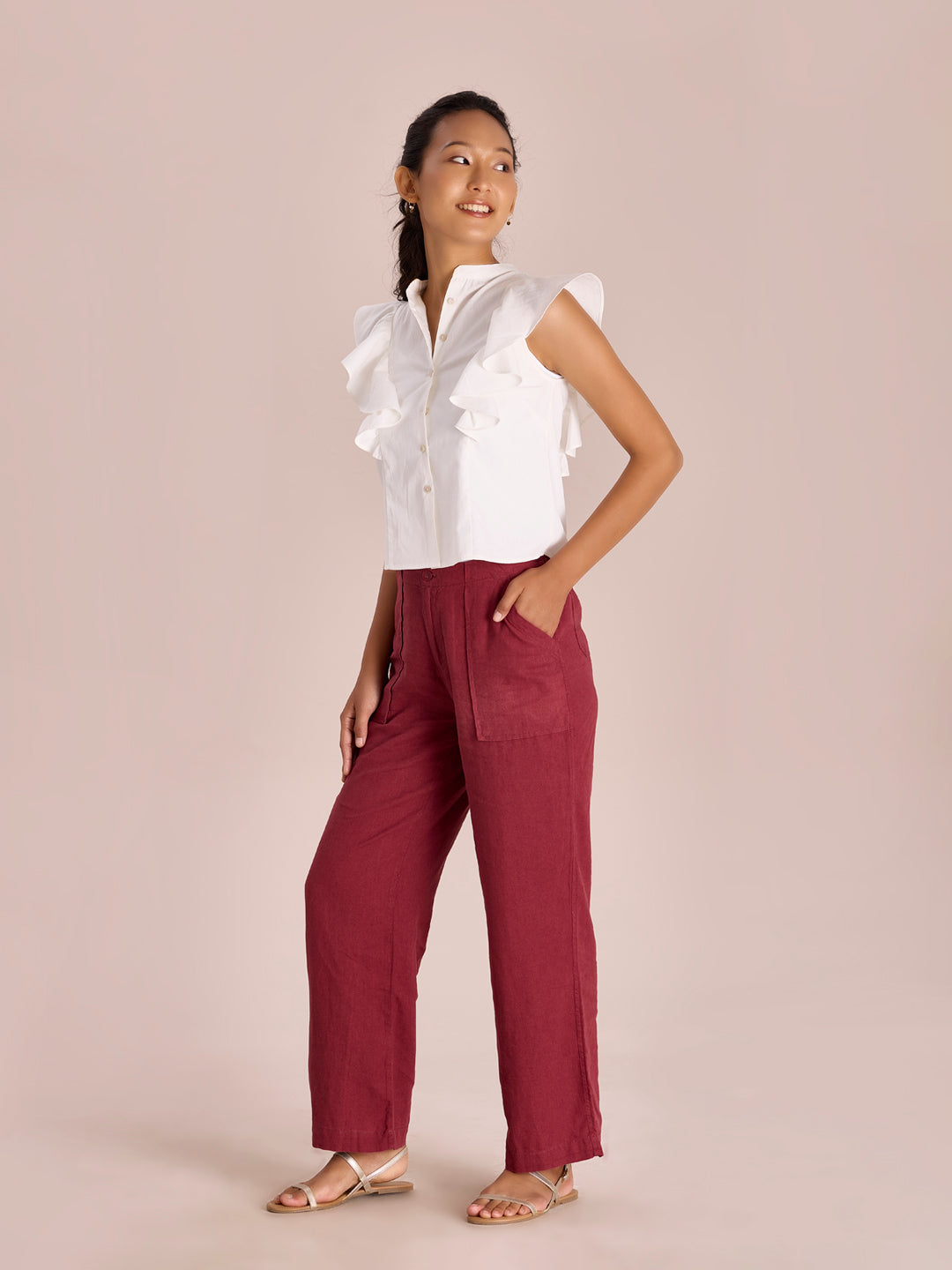 Bright Maroon Linen Cargo Pants