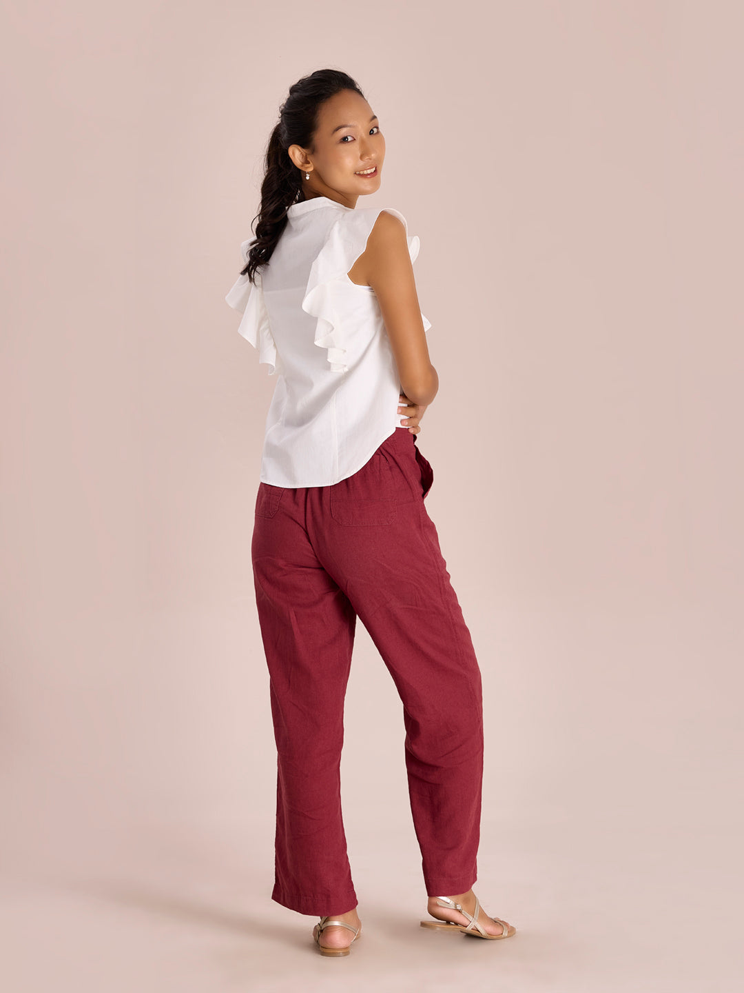 Bright Maroon Linen Cargo Pants