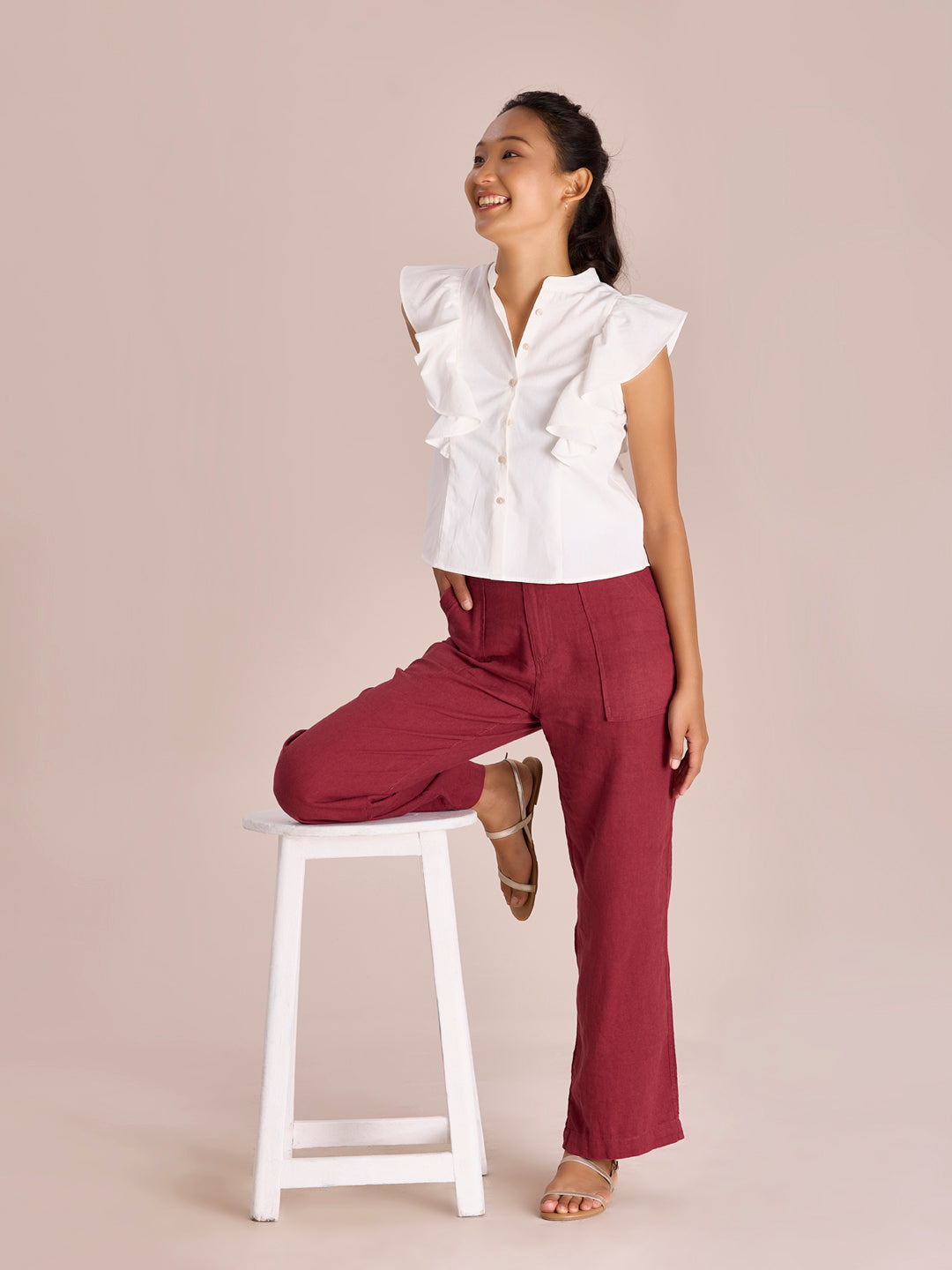 Bright Maroon Linen Cargo Pants