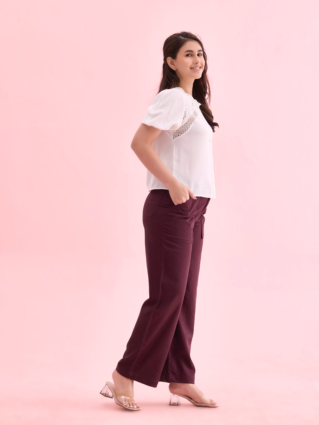 Dark Wine Linen Cargo Pants