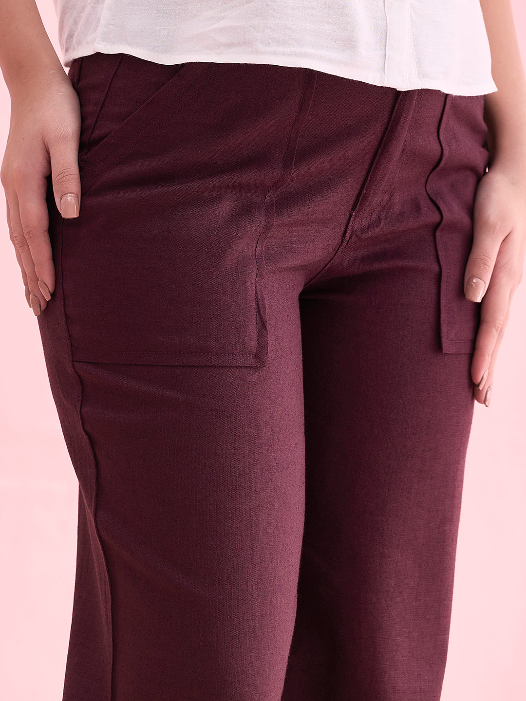 Dark Wine Linen Cargo Pants