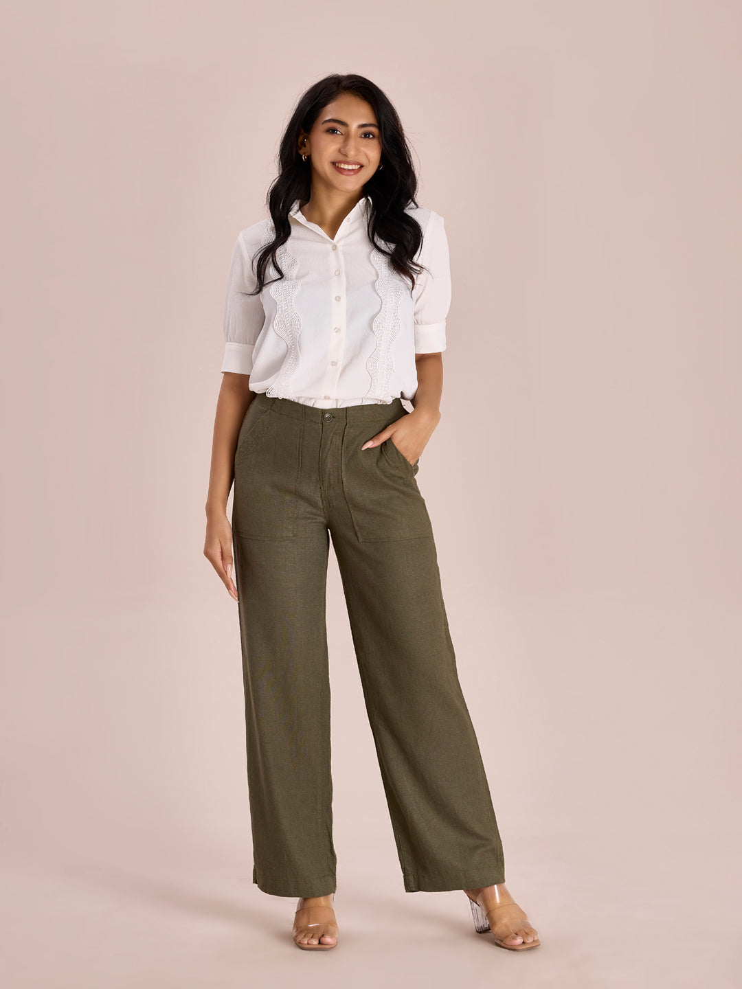 Olive Green Linen Cargo Pants