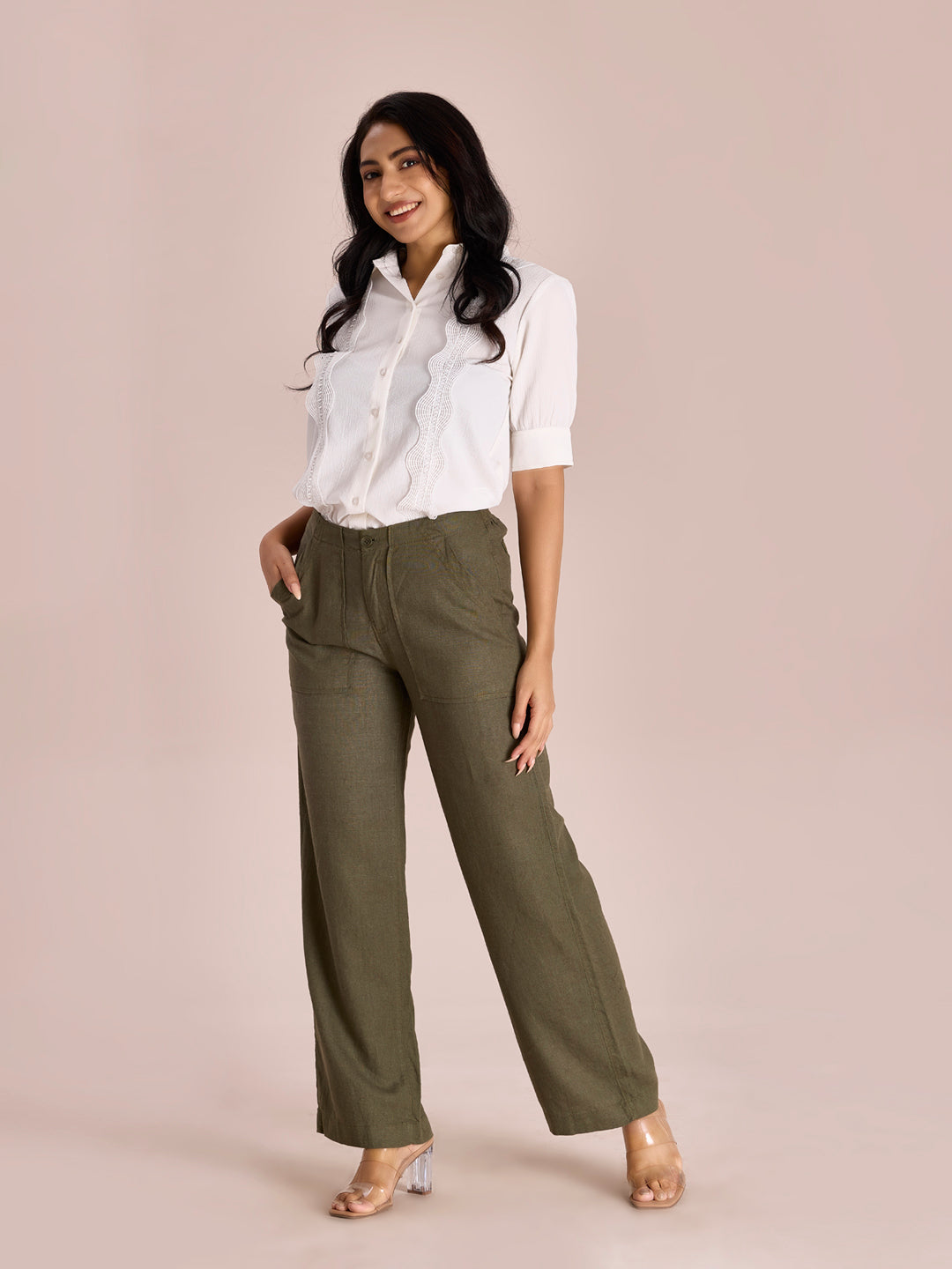 Olive Green Linen Cargo Pants