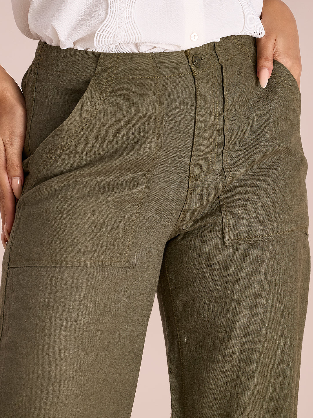 Olive Green Linen Cargo Pants