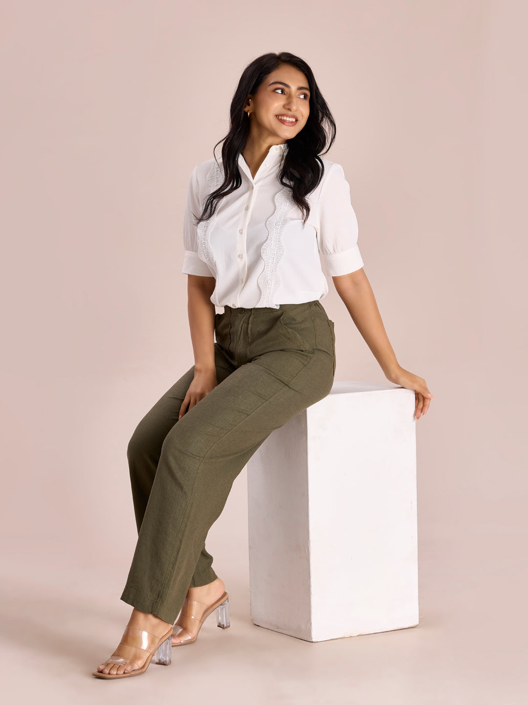 Olive Green Linen Cargo Pants