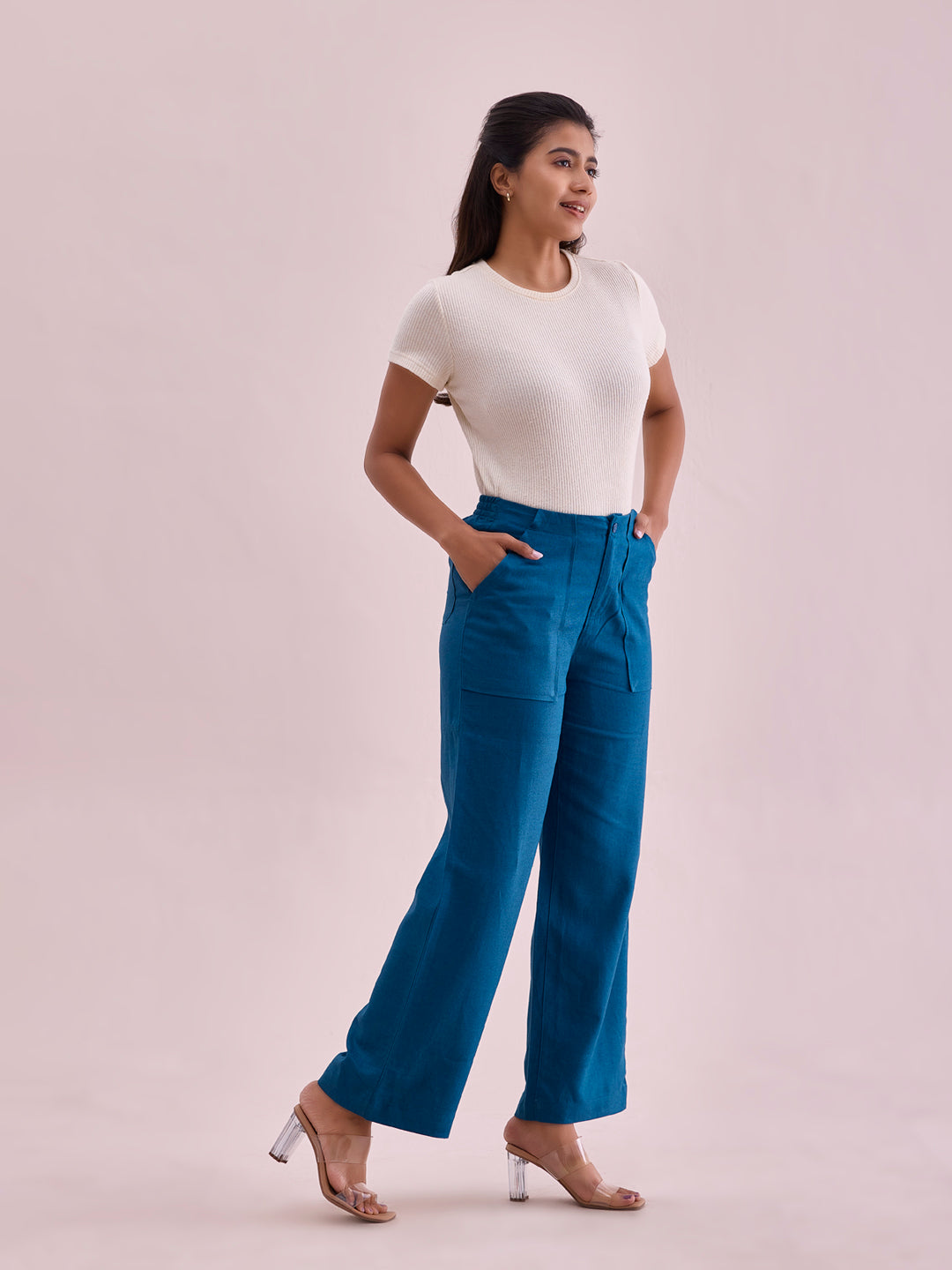 Turquoise Blue Linen Cargo Pants