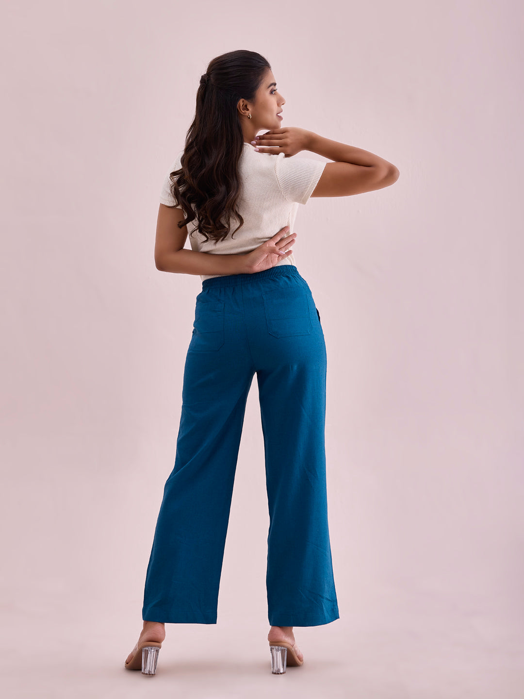 Turquoise Blue Linen Cargo Pants