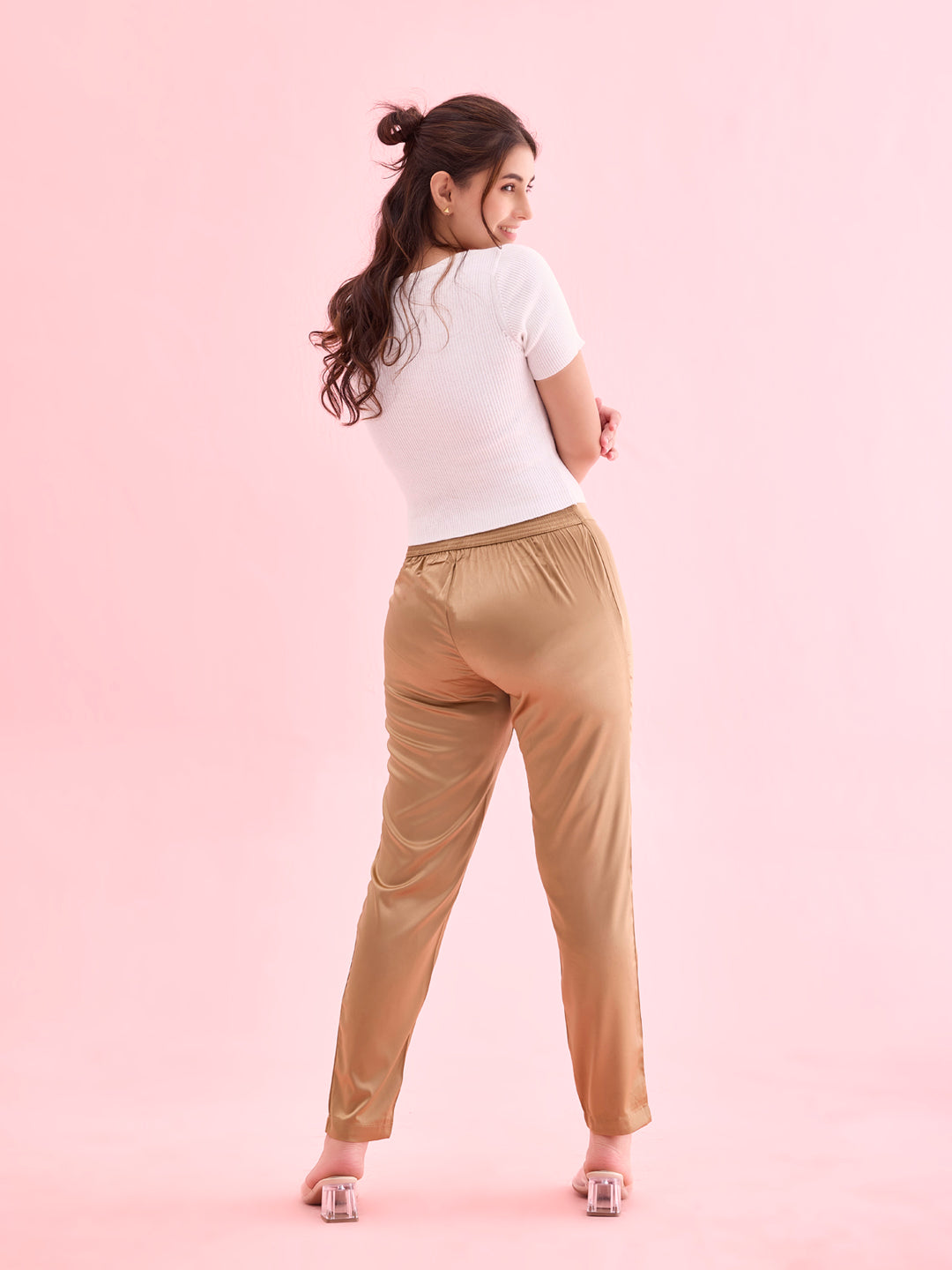 Deep Gold Polyester Shiny Pants