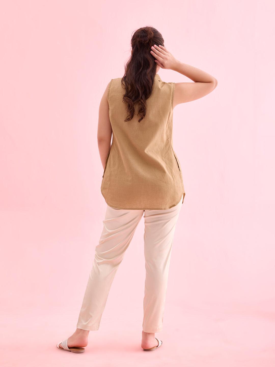 Light Beige Polyester Shiny Pants